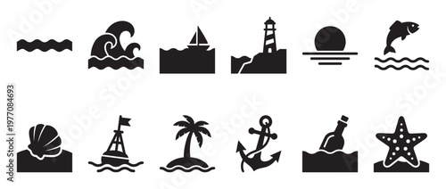 Collection of black silhouette nautical and marine icons including waves, a sailboat, lighthouse, sunset, fish, seashell, buoy, palm tree, anchor, message in a bottle, and starfish,