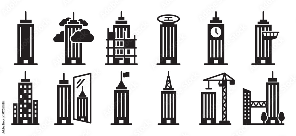 Fototapeta premium Collection of twelve diverse black skyscraper icons representing various architectural styles and urban structures, presented in a clean, graphic vector format