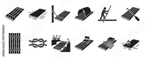 Various black bamboo raft icons depict different designs, uses, and scenarios in a clean, graphic style