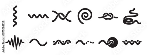 Various black line art icons depicting different wavy, curly, knotted, and spiral shapes, presented as a collection of abstract symbols