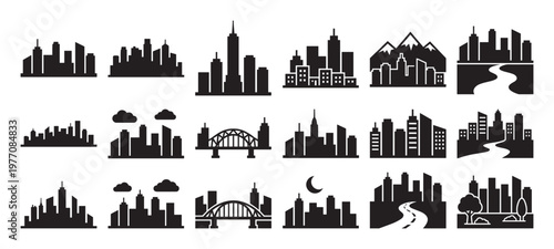 Various black silhouette city skylines with buildings, bridges, mountains, and roads are arranged neatly on a white surface