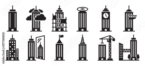 Collection of twelve diverse black skyscraper icons representing various architectural styles and urban structures, presented in a clean, graphic vector format