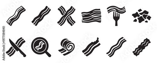 Various black bacon strip icons are arranged in a grid, depicting different forms and preparations of the popular breakfast meat