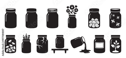 Collection of twelve diverse black and white jar icons, showcasing various contents and states in a clean graphic style