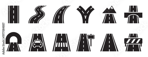Collection of various road icon designs in black and white, depicting different paths, intersections, and obstacles in a clean, graphic style