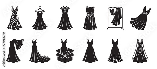 Collection of various elegant black dresses and gowns in different styles, presented as clean graphic icons