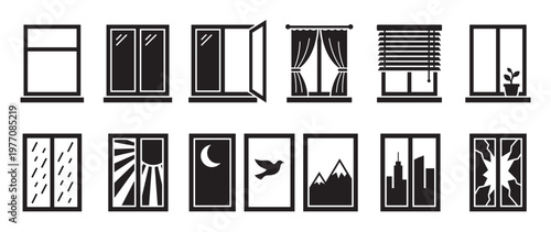 Various black and white window icons depict different styles, views, and conditions in a simple graphic illustration