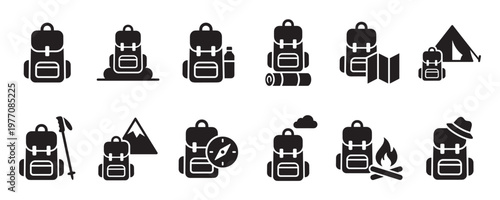 Collection of black silhouette hiking backpacks and camping equipment icons arranged neatly on a white surface