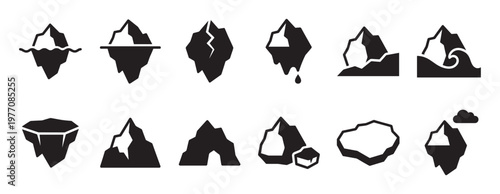 Collection of various black iceberg and ice floe icons, depicting different shapes, melting, and water interactions in a simple graphic style