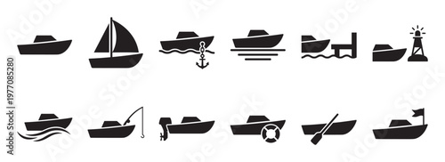 Collection of various boat and nautical-themed black silhouette icons, including sailboats, motorboats, anchors, and a lighthouse, presented in a clean, graphic style