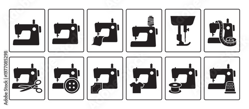 Comprehensive collection of black sewing machine icons and related tools for tailoring and textile work, presented in a clean, graphic style