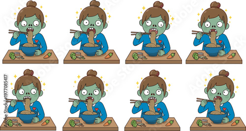 Cartoon set of green zombie girl character eating delicious noodles with chopsticks from a blue bowl, cad drawing flat vector illustration.