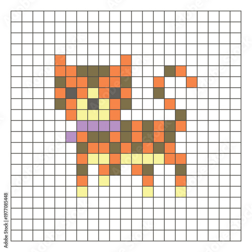 A flat pixel design made of geometric square color blocks on a clean grid layout. Pixel art cat