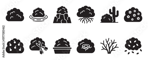Various black silhouette bush and tree icons are neatly arranged in two rows on a clean white surface
