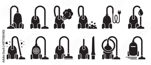 Collection of various black vacuum cleaner icons depicting different cleaning actions and types of appliances on a white surface