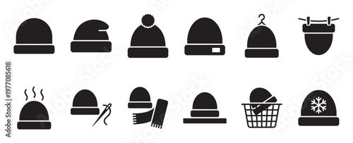 Collection of black winter hat icons, including beanies with pom-poms, hanging hats, and hats with snowflakes, presented as simple graphic illustrations