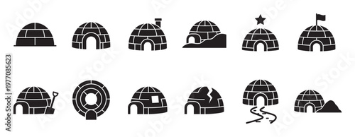 Collection of twelve diverse black igloo icons with various details like chimneys, flags, and shovels, presented in a clean graphic style