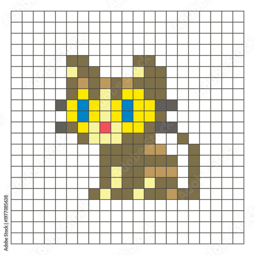 A flat pixel design made of geometric square color blocks on a clean grid layout. Pixel art cat