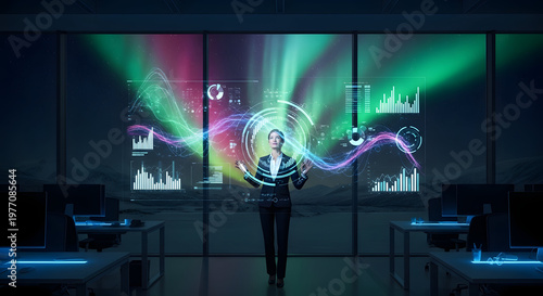 Businesswoman interacting with futuristic data visualization on a large screen in a modern office at night with colorful graphs and charts