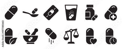 Comprehensive set of black and white capsule and pill icons representing various medical and health concepts
