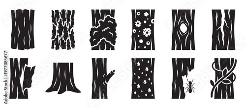 Various black silhouette tree bark textures and elements, including cracks, knots, sap, and a climbing vine, presented in a graphic style