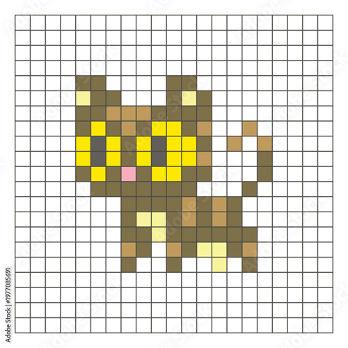 A flat pixel design made of geometric square color blocks on a clean grid layout. Pixel art cat