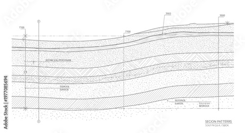 Geological cross-section showing layered rock strata and soil deposits