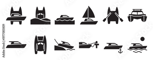 Collection of various boat and ship icons in black silhouette, depicting different types and activities on water