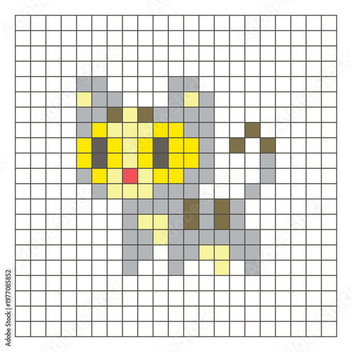 A flat pixel design made of geometric square color blocks on a clean grid layout. Pixel art cat