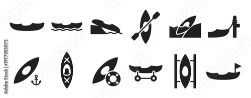 Collection of black silhouette canoe and kayak icons depicting various water sports and boating activities