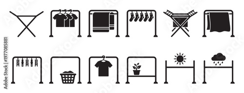 Collection of black laundry and drying rack icons on a clean white surface, depicting various clothes and household items