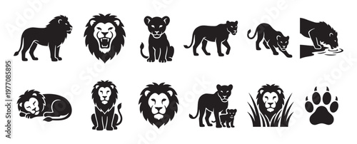 Collection of various stylized black lion and lioness silhouettes, including cubs, a paw print, and a roaring face