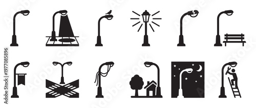 Collection of various black street lamp icons depicting different scenarios and styles in a simple graphic design