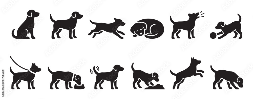 Obraz premium Collection of various black dog silhouette icons depicting different actions and poses in a clean, graphic style