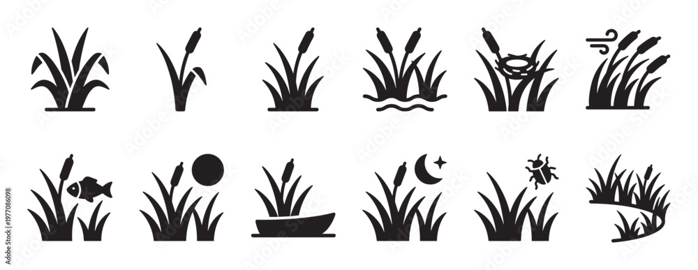 Naklejka premium Black silhouette cattail and reed grass icons set, depicting various natural scenes and elements in a simple, graphic style