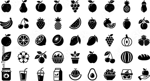 Fruit and nature outline icons set – linear, garden, organic symbols
