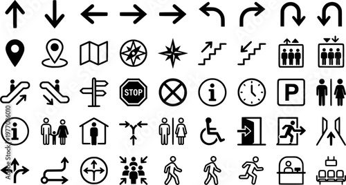 Wayfinding Icon Set. Wayfinding signs. Line icon set of Wayfinding signs: directional arrow, map pin, building entrance, floor directory, stairs sign, elevator