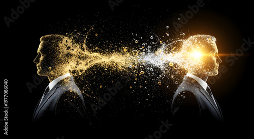 Two businessmen in suits with heads made of sparkling particles on black background exchanging ideas and knowledge