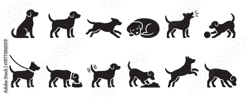 Collection of various black dog silhouette icons depicting different actions and poses in a clean, graphic style