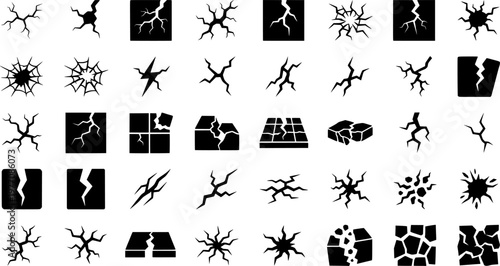 Material Break Icons. Material break. Solid icon set of Material break: fracture, crack in glass, broken wall, fissure, split wood, chasm, lightning bolt, 