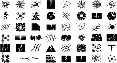Material Break Icons. Material break. Solid icon set of Material break: fracture, crack in glass, broken wall, fissure, split wood, chasm, lightning bolt, 