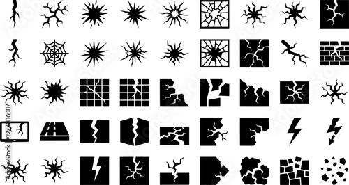 Material Break Icons. Material break. Solid icon set of Material break: fracture, crack in glass, broken wall, fissure, split wood, chasm, lightning bolt, 