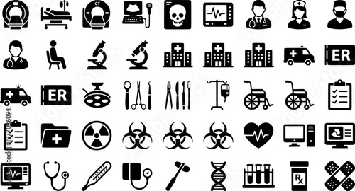 Radiology Icons Grid. Radiology lab. Line icon set of radiology lab: MRI machine, CT scanner, x-ray image, monitor, doctor, microscope, patient, hospital,