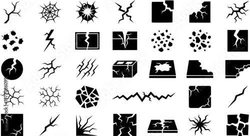 Material Break Icons. Material break. Solid icon set of Material break: fracture, crack in glass, broken wall, fissure, split wood, chasm, lightning bolt, 