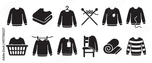 Black and white sweater icons set featuring various clothing states and activities in a clean, graphic style