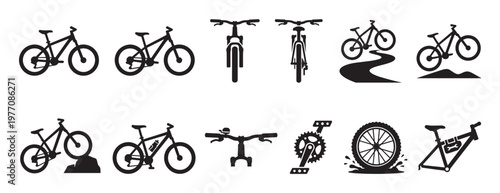 Collection of black bicycle and mountain bike icons in various views and scenarios, depicted in a clean, graphic style