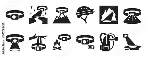 Black headlamp and outdoor activity icons set on a white surface, depicting various uses and scenarios