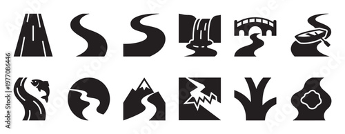 Collection of black and white river and road icons, featuring various natural elements and pathways in a clean, graphic style