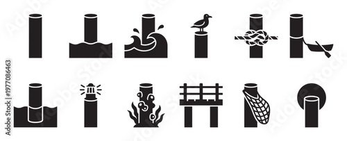 Collection of black and white pier piling icons, depicting various nautical elements and marine life in a simple graphic style