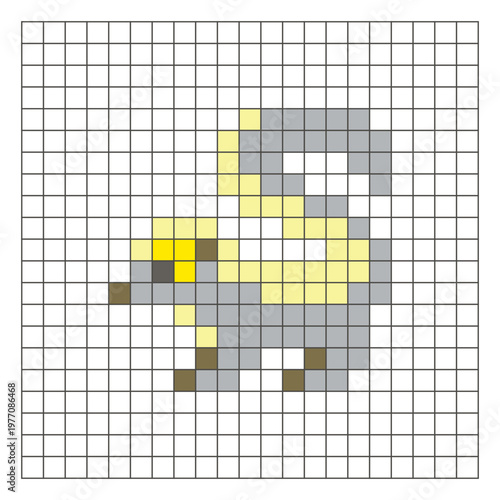 A flat pixel design made of geometric square color blocks on a clean grid layout. Pixel art skunk